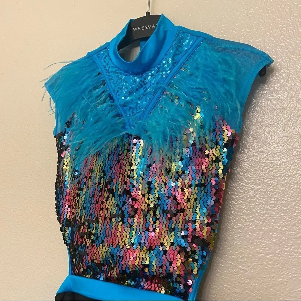 WEISSMAN Dance costume feather teal sequins sassy A Deeper Love 14471 LC child